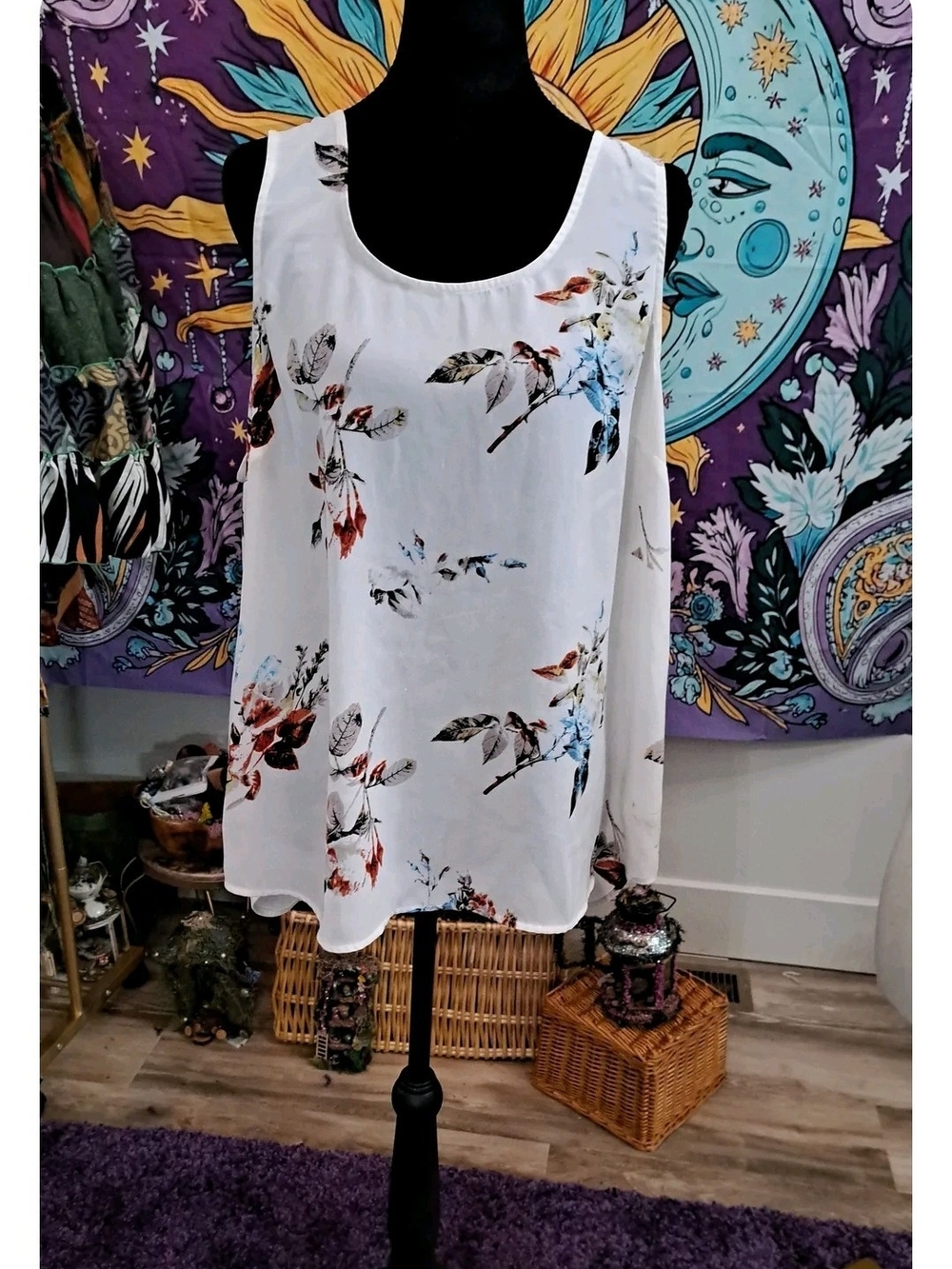 Porcelain Wildflower Sleeveless Blouse • Airy Botanical Tunic • XL